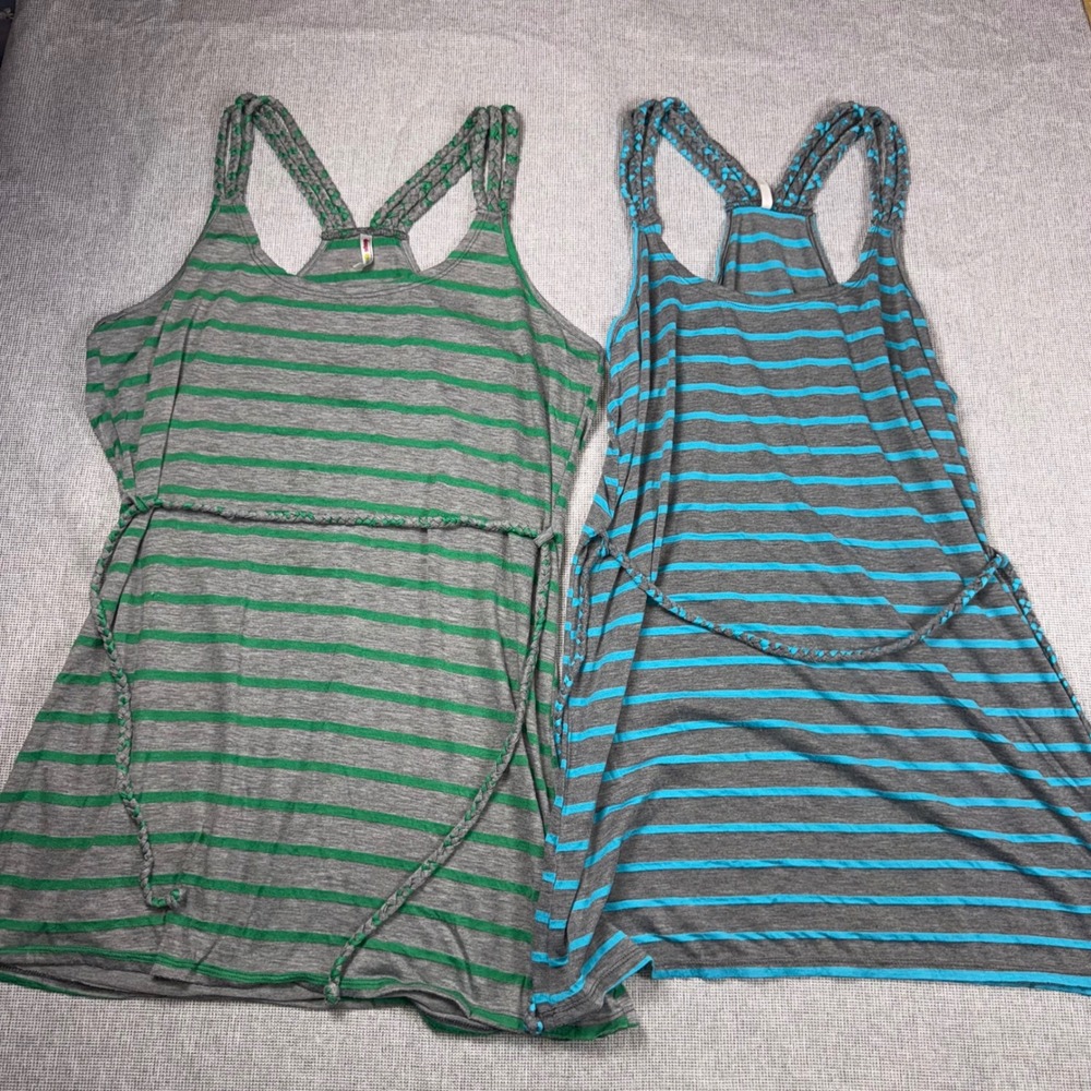 Beach Stop Striped Braided Racerback Tank Tops Set of 2 Green Blue XL Y2K